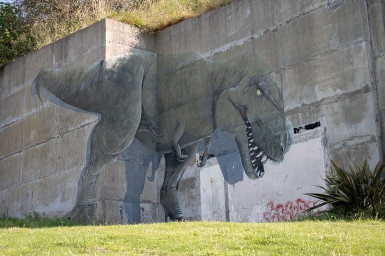 The Dinosaur Mural painted on a wall in Buckhaven